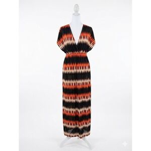 5th & Love Maxi Dress Medium M Orange Black Geometric Zig Zag Chevron V-Neck